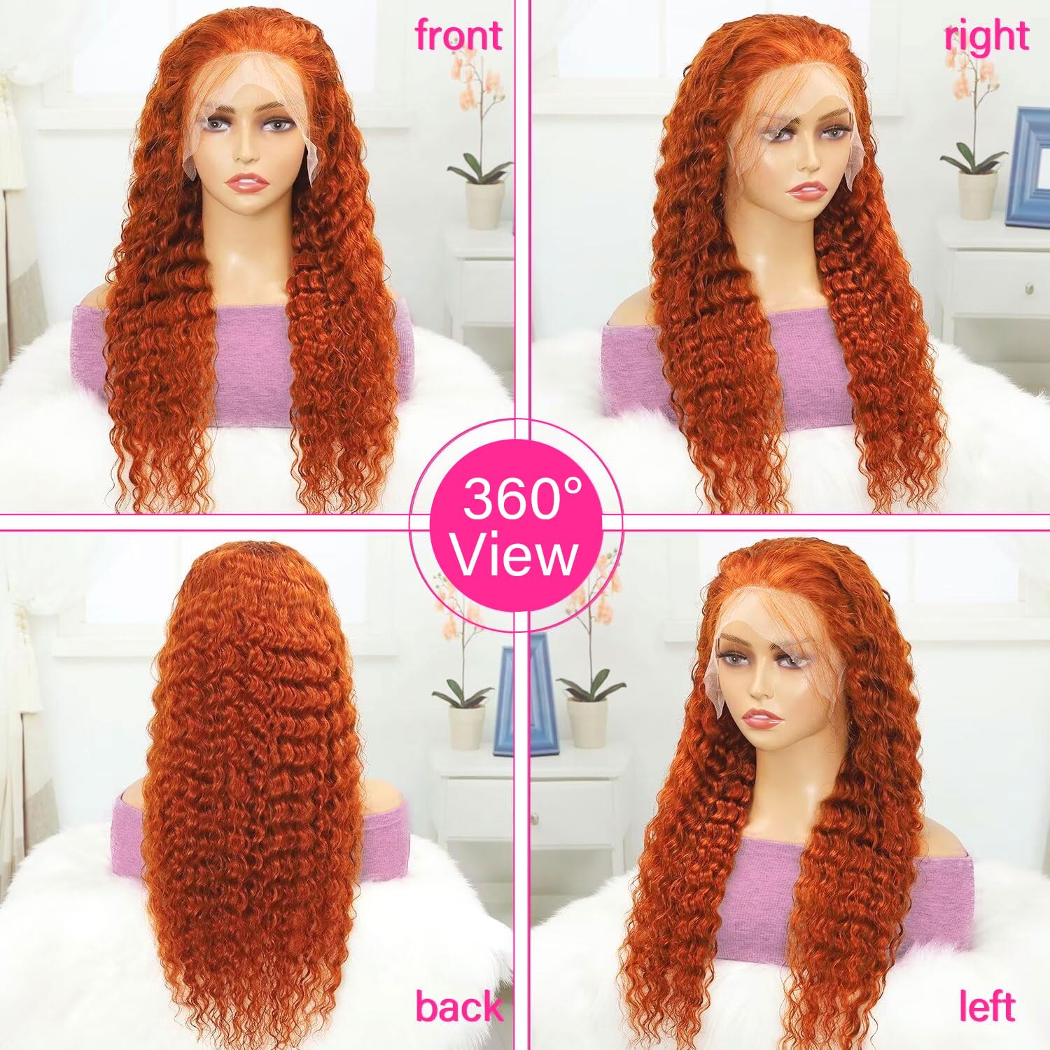 Detalle 2 de 30 Inch Ginger Lace Front Wig (13x4 HD Deep Wave) with Human Hair, 180% Density — Burnt Orange Wet Wavy Curly Wig