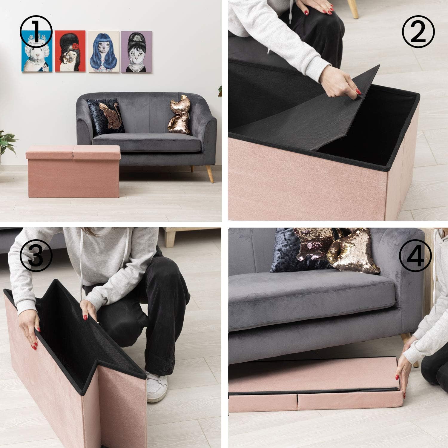 Thumbnail 5 de Baroni Home Cassapanca Pieghevole: pouf contenitore in velluto rosa cipria 76x38x38 cm