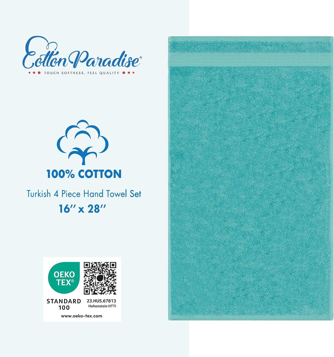 Detalle de Cotton Paradise Turkish Hand Towel Set — 4 Pack, 16 x 28, 100% Ring-Spun Cotton, 600 GSM, Turquoise