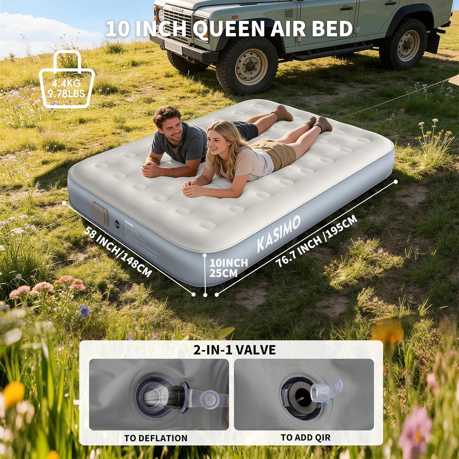 Detalle 1 de KASIMO Queen Air Mattress with Rechargeable Pump, Suede Surface and 10-Inch Height