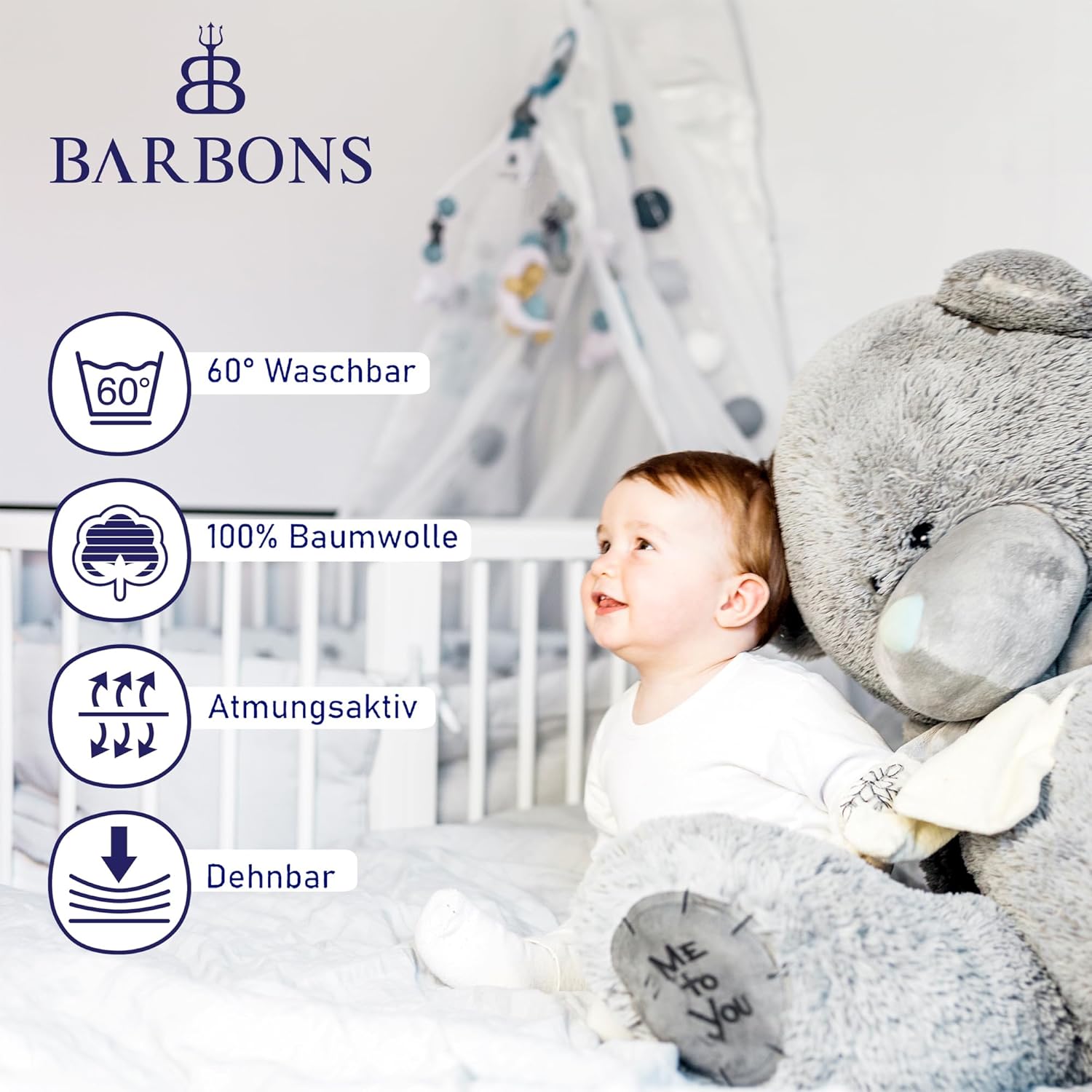 Detalle 2 de BARBONS Spannbettlaken für Baby- und Kinderbett aus 100% Jersey-Baumwolle, Oeko-TEX Standard 100 (Hellgrau, 60x120 / 70x140 cm)