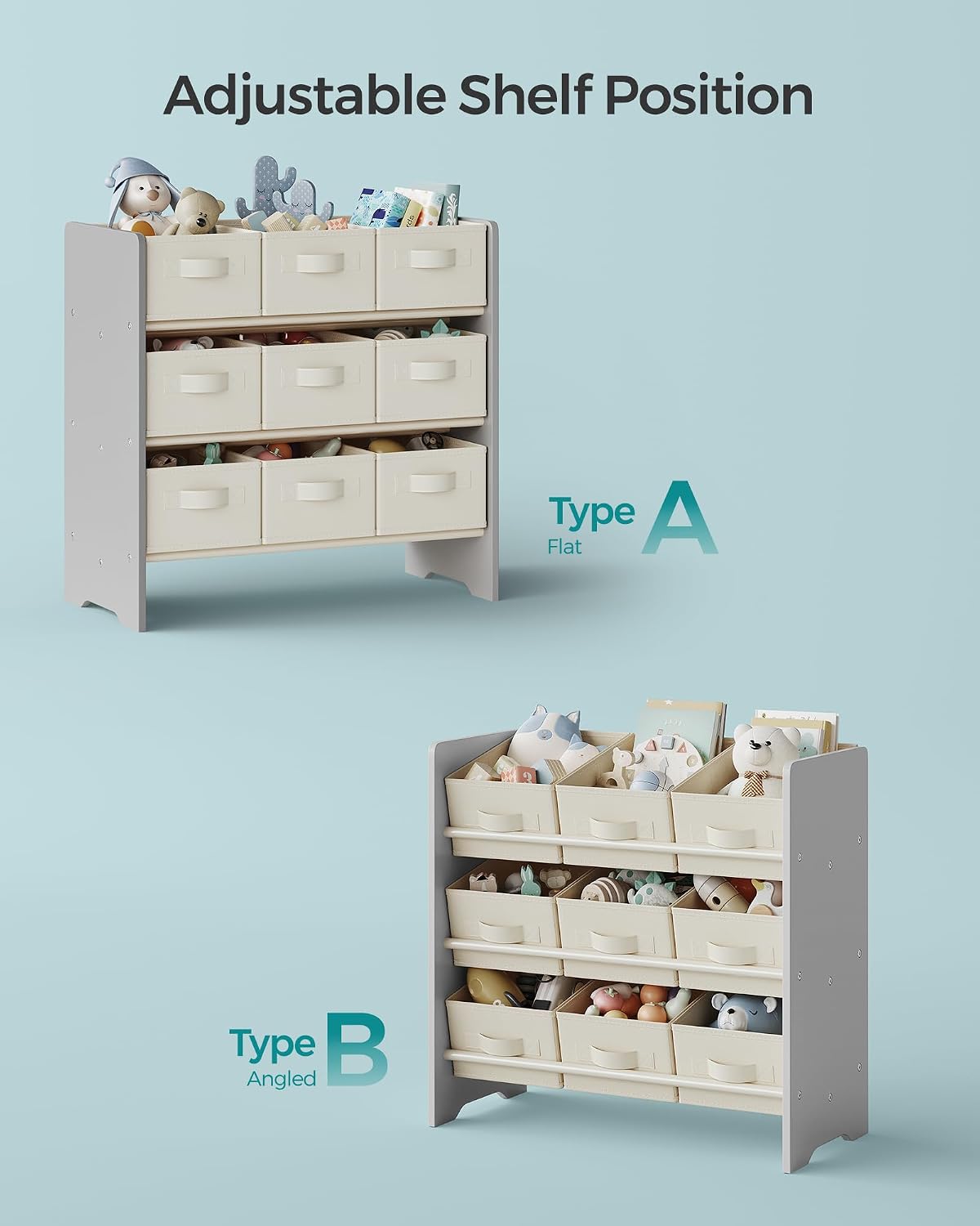 Detalle 2 de SONGMICS GKR033G10 Toy Organiser, 9 Fabric Boxes, 3-Tier, Dove Grey