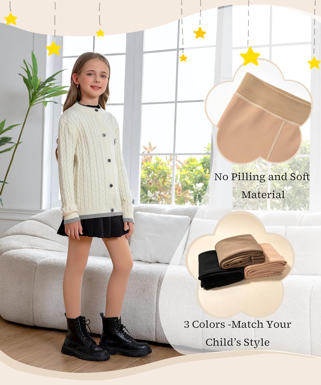 Detalle 2 de Hiltzo Girls’ Fleece-Lined Winter Tights, Thick, Stretchy and Faux-Translucent