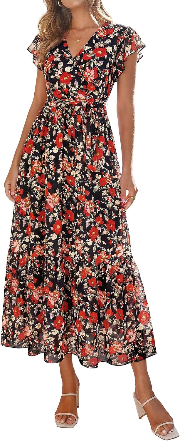 Detalle de PRETTYGARDEN Women's Summer Floral Boho Maxi Dress with Wrap V-Neck