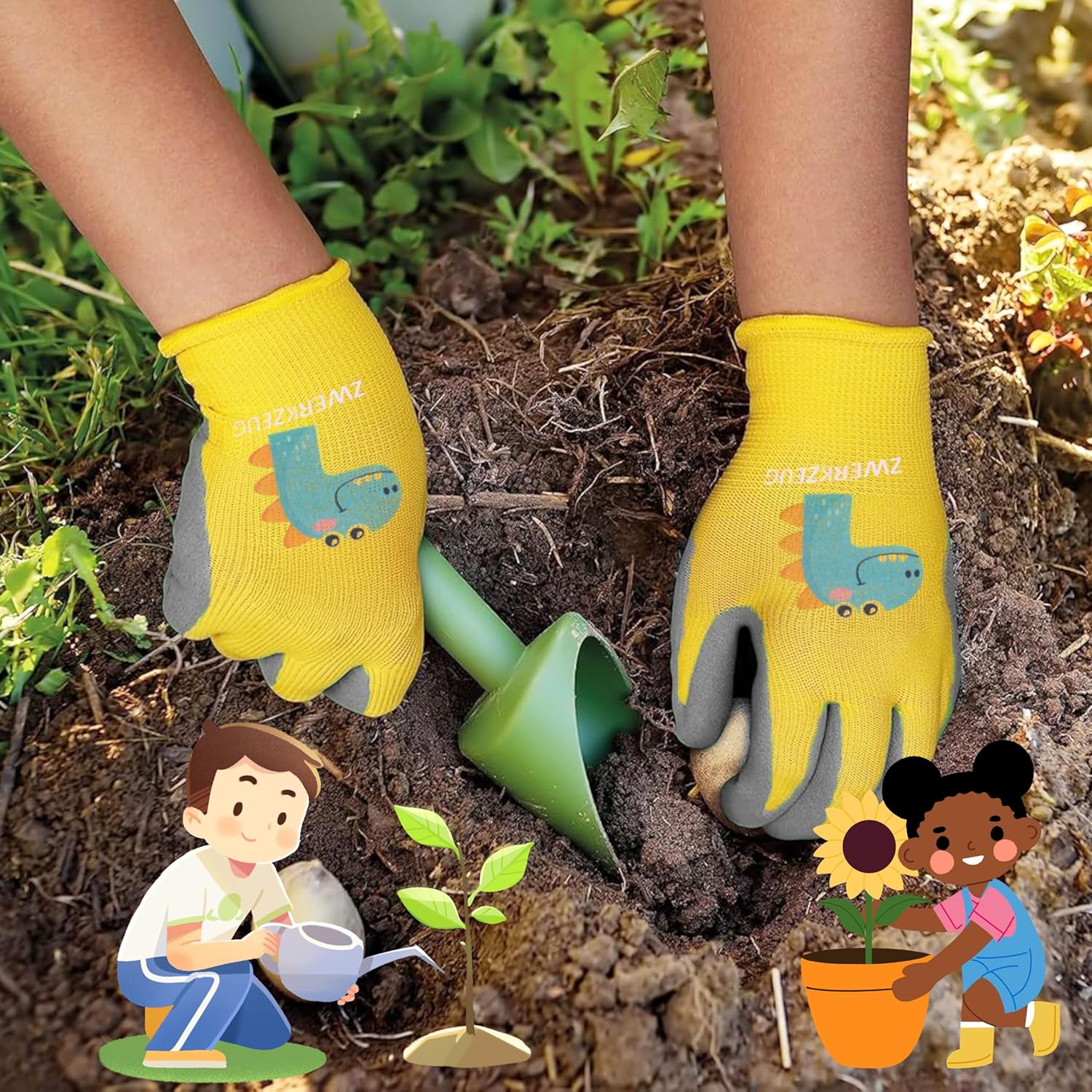 Thumbnail 3 de ZWERKZEUG Kinder Arbeitshandschuhe – 3 Paar (Naturlatex-Beschichtung, dehnbares Gewebe), mehrfarbig mit Dinos