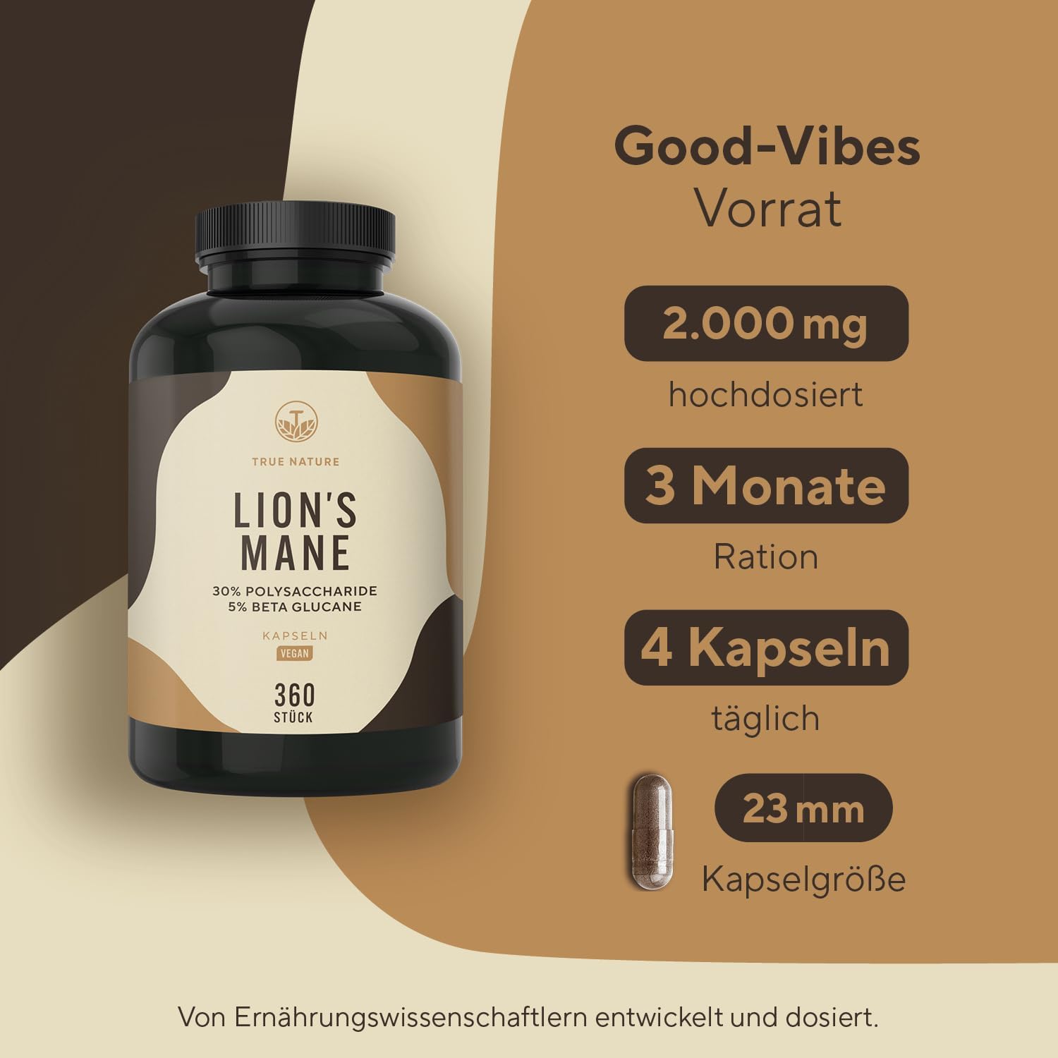 Detalle de Lions Mane 360 Kapseln – 2000 mg pro Tag, 30:1 Extrakt, vegan, laborgeprüft