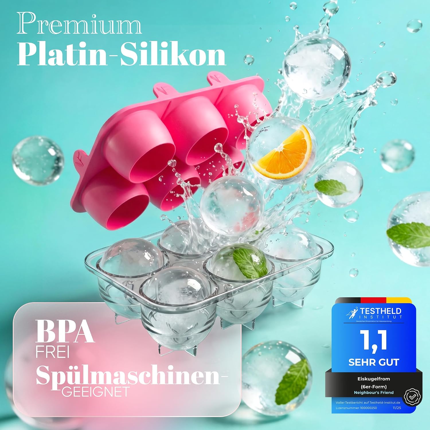 Detalle de Neighbour’s Friend® Pink Eiskugelform XL 2er Set – Große Platinsilikon-Eiswürfel für Cocktails, Infused Water und More
