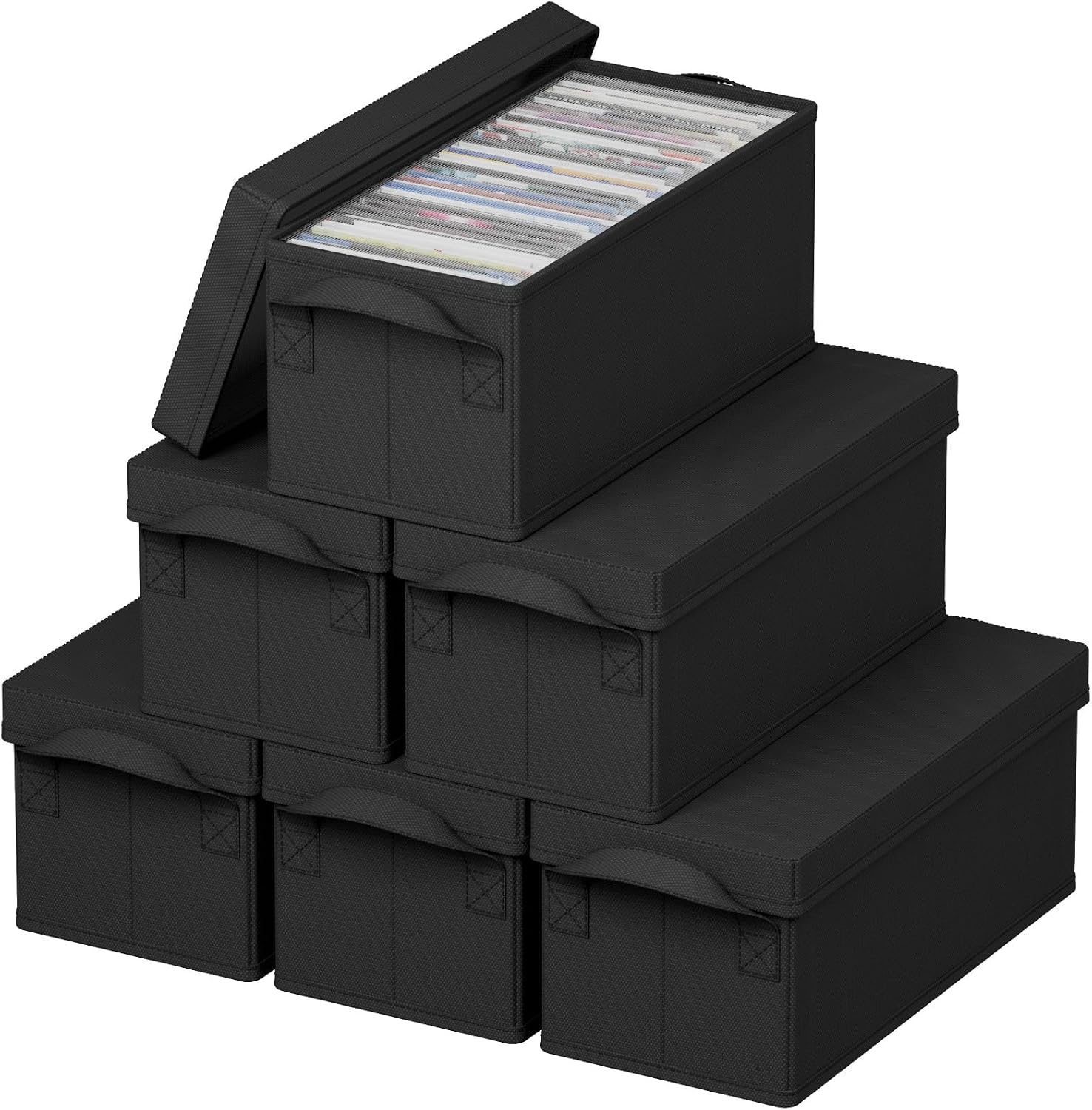 Detalle de Lifewit Confezione da 6 Porta DVD – Contenitori Impilabili con Coperchio Pieghevole, 150 DVD (25 ciascuno), Nero