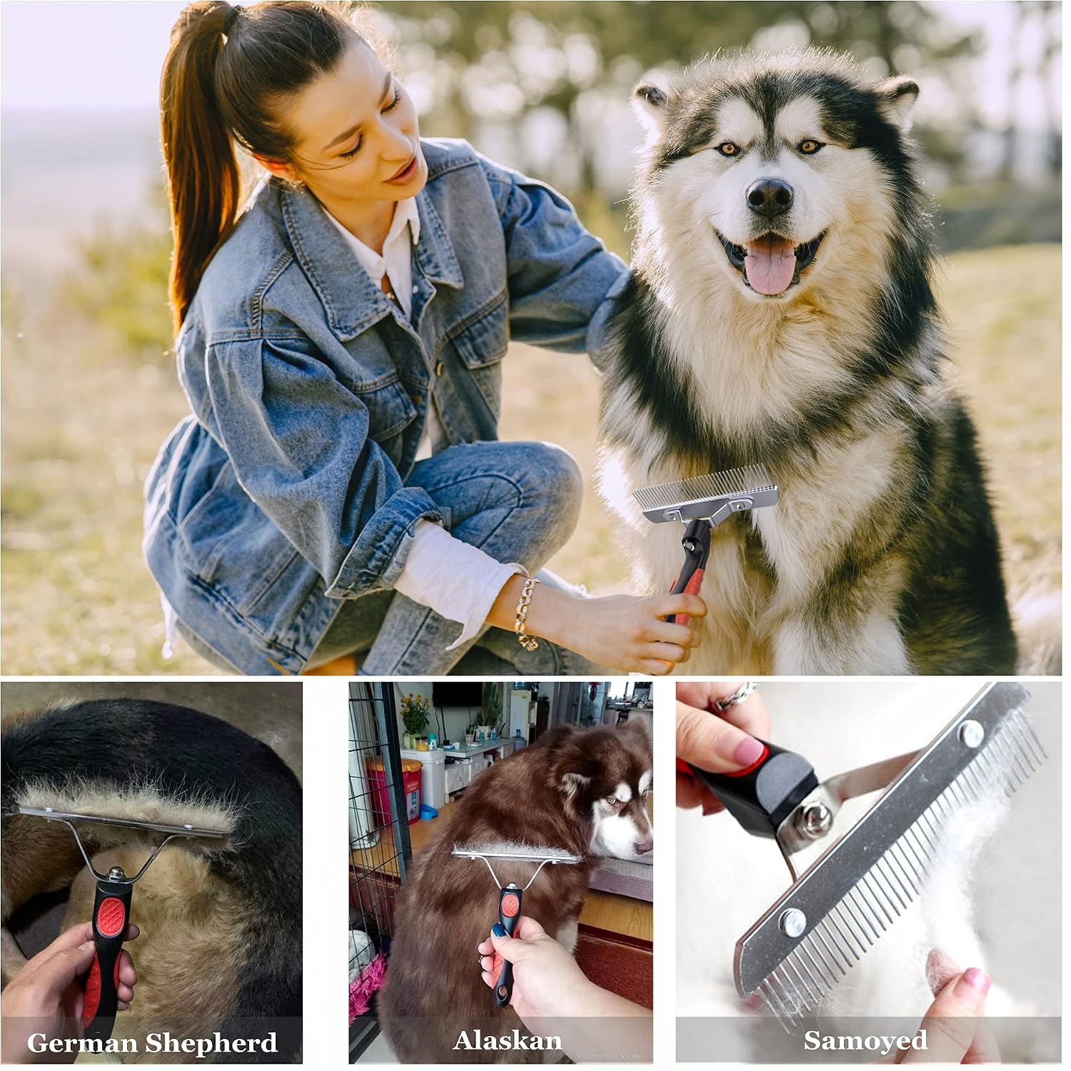 Detalle de Tsxurepaw 犬用グルーミングレーキ 7.1インチ、丸みのあるステンレス歯と滑り止めハンドル