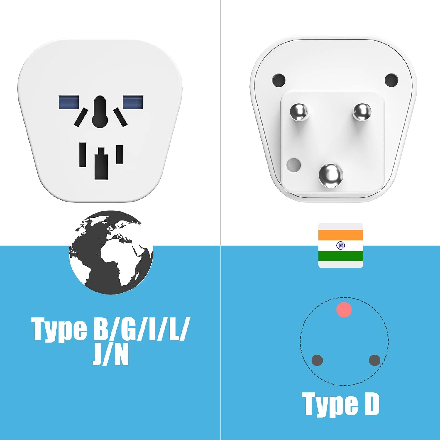 Thumbnail 1 de 2 Stück Universal-Reiseadapter für Indien – Klein-EU 4.0 mm zu Typ D (UK/CH/IT/US/AU auf Typ D), 2500W, Weiß