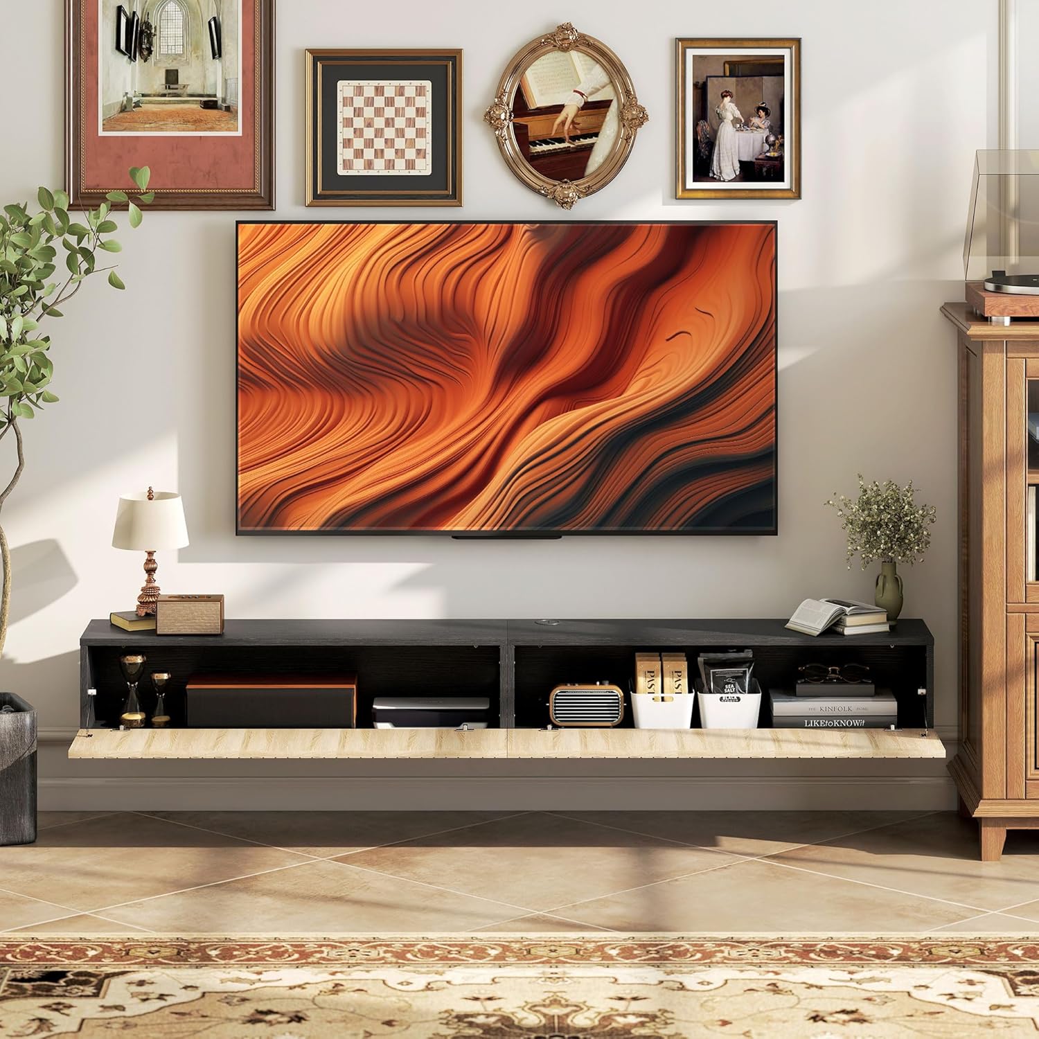 Thumbnail 5 de HOMCOM Meuble TV suspendu flottant 140 cm – Banc TV mural en MDF mélaminé, boise naturel et noir