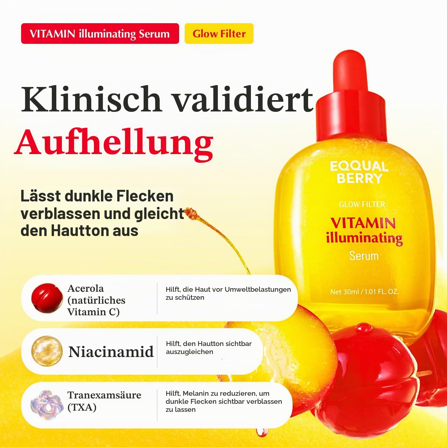 Detalle de EQQUALBERRY Vitamin Illuminating Serum – Serum mit Acerola & Vitamin C, helleres Hautbild, Niacinamid & Ceramide, Hyaluron – 30 ml