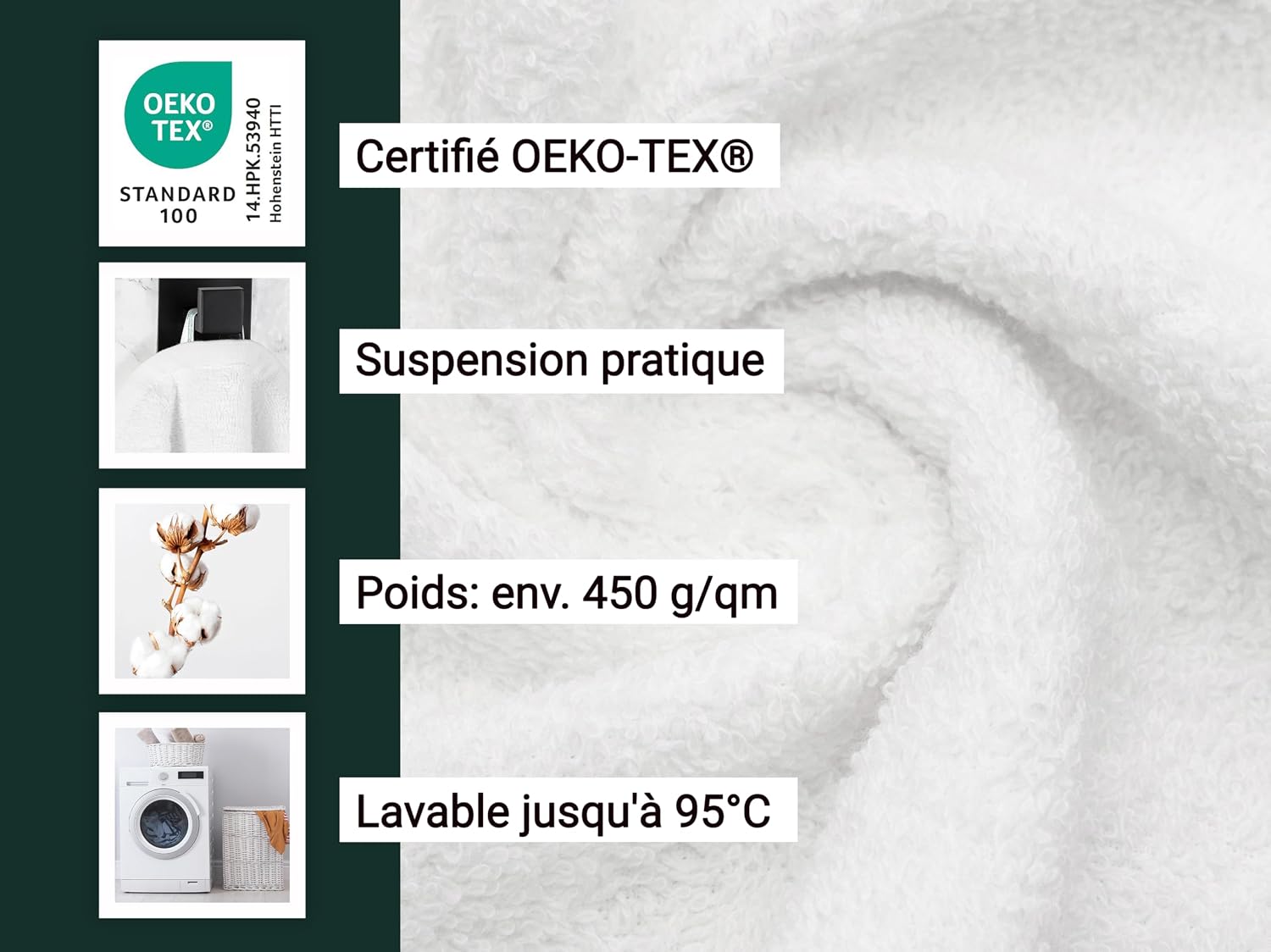 Detalle de ZOLLNER Set de 10 Serviettes pour invités – Serviettes coton 30x50 cm, blanc, qualité hôtelière, lavables 95°C