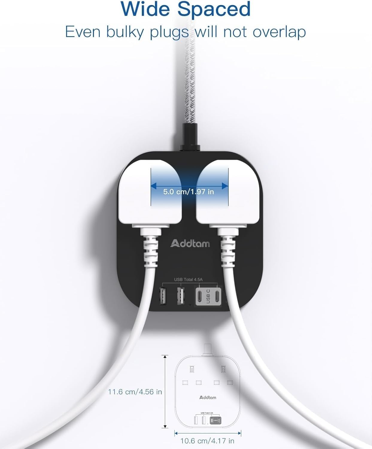 Detalle de Addtam 5M Extension Lead with USB Slots and Braided Cord – 2 UK Outlets, 4 USB Ports (2x USB-C, 2x USB-A) with Surge Protection