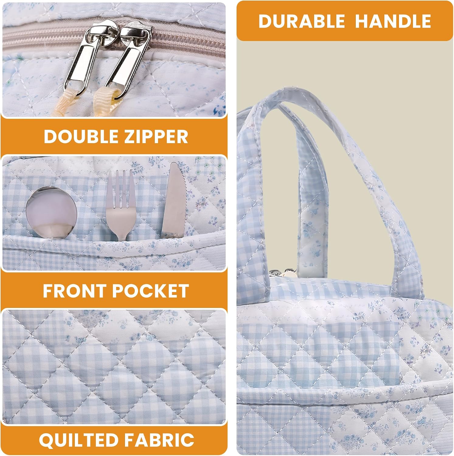 Detalle 2 de WOBAGMEN Quilted Lunch Box for Women – Floral Coquette Aesthetic, Green/Blue Pin