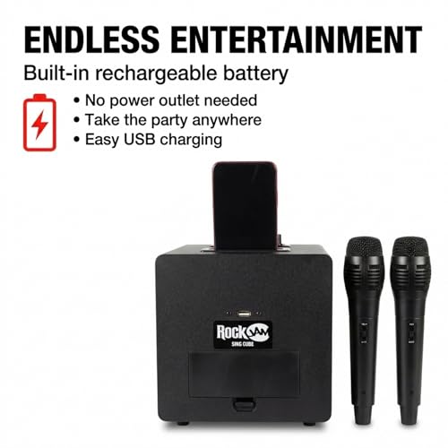 Detalle de RockJam singcube: Máquina de Karaoke Bluetooth con 2 micrófonos y luces LED