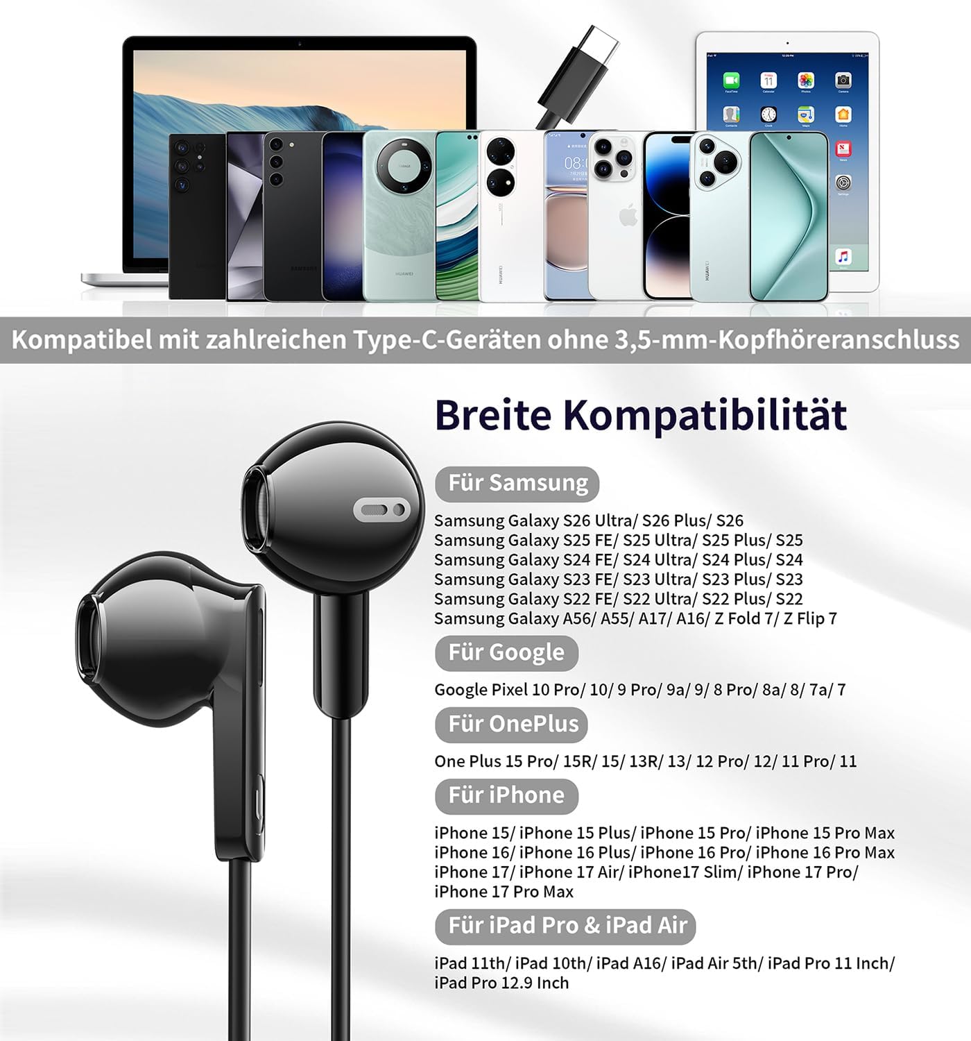 Thumbnail 3 de AILZPXX USB-C-Kopfhörer mit Mikrofon für iPhone 15/16/17, Stereo In-Ear (Kabel, USB‑C, DAC)
