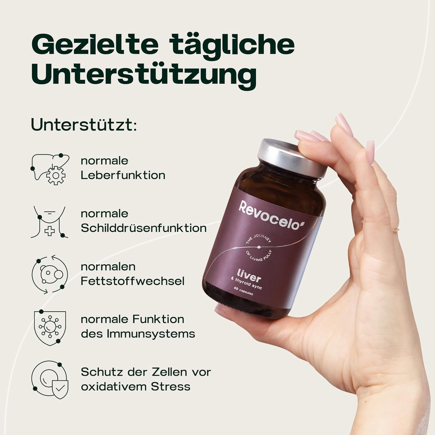 Detalle de Revocelo Leber-Komplex mit TUDCA – Schilddrüsen-Umwandler 9-fach-Formel (vegan) mit liposomalem Glutathion, Cholin und Selen, 60 Kapseln