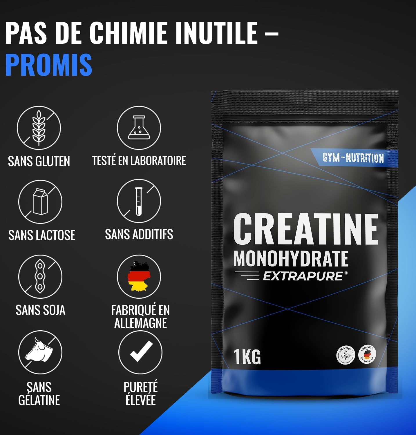 Detalle 2 de Creatine Monohydrate Poudre 1 kg Extrapure® avec inuline (vegan) – fabriquée en Allemagne