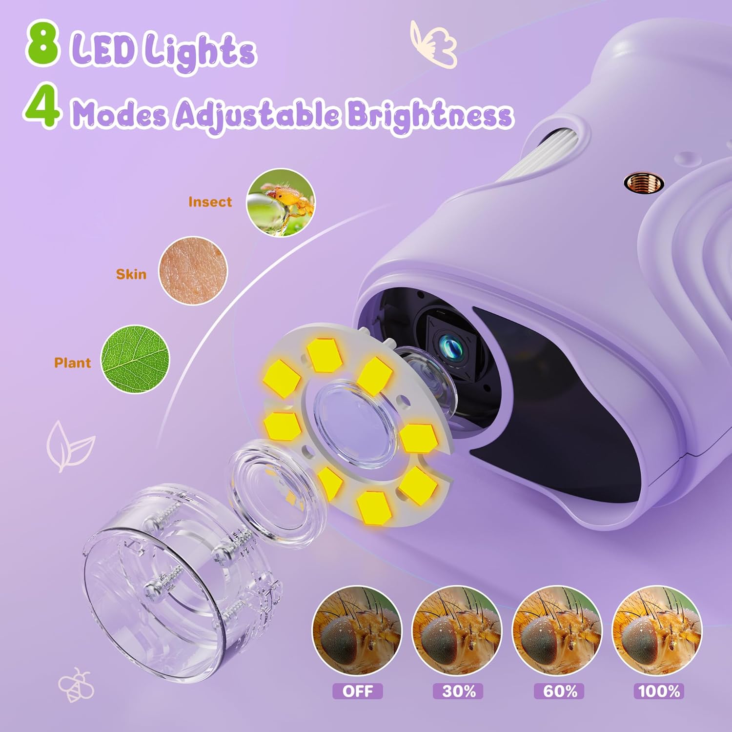 Detalle de 1000X Handheld Digital Microscope for Kids with 2.0" IPS Screen, 2MP camera and manual focus (purple)