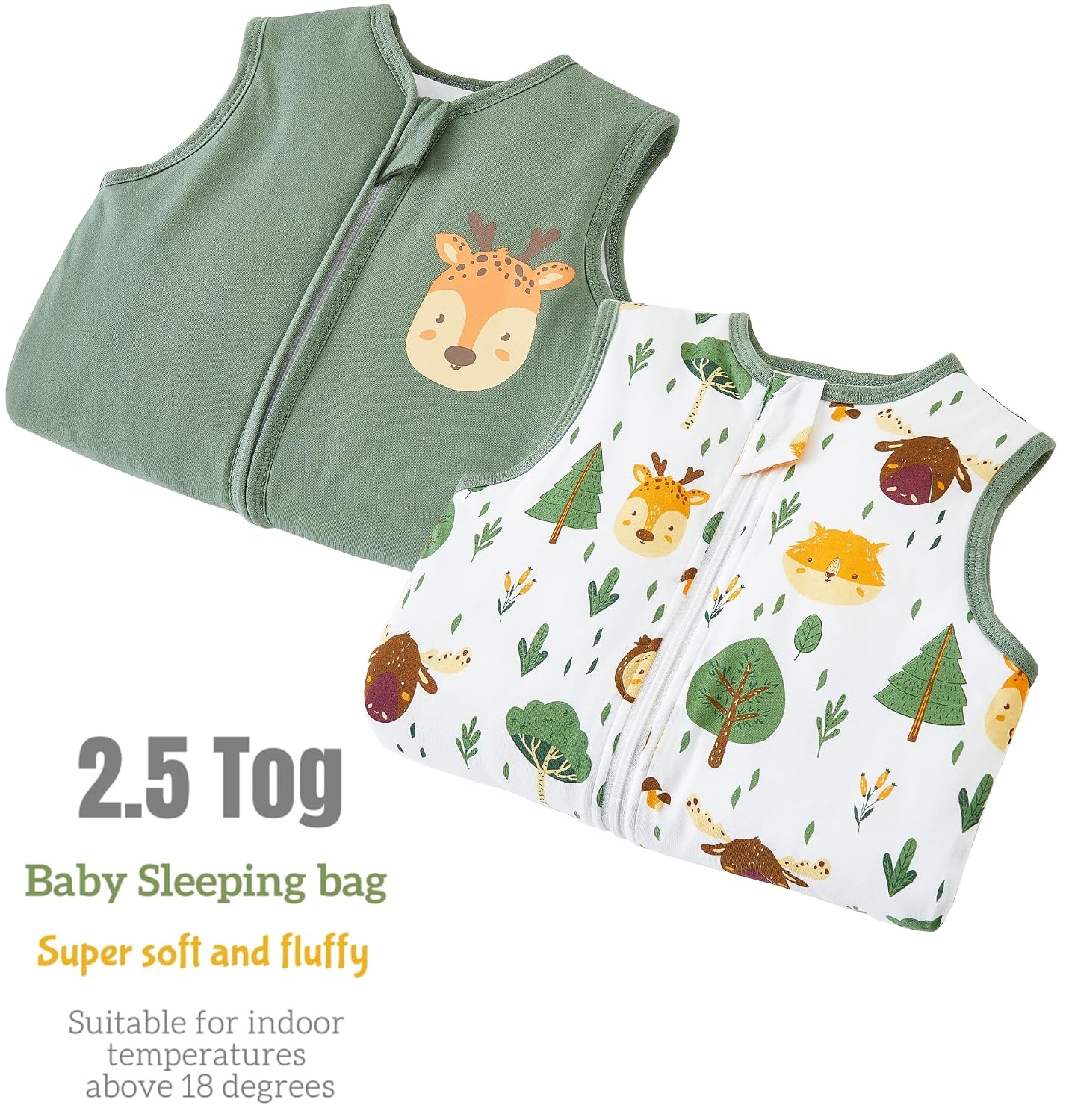 Thumbnail 1 de Chilsuessy 2er-Set Baby-Schlafsack mit Füßen 2,5 Tog – Winter/Übergang, 100 cm (Grün + Waldtiere)