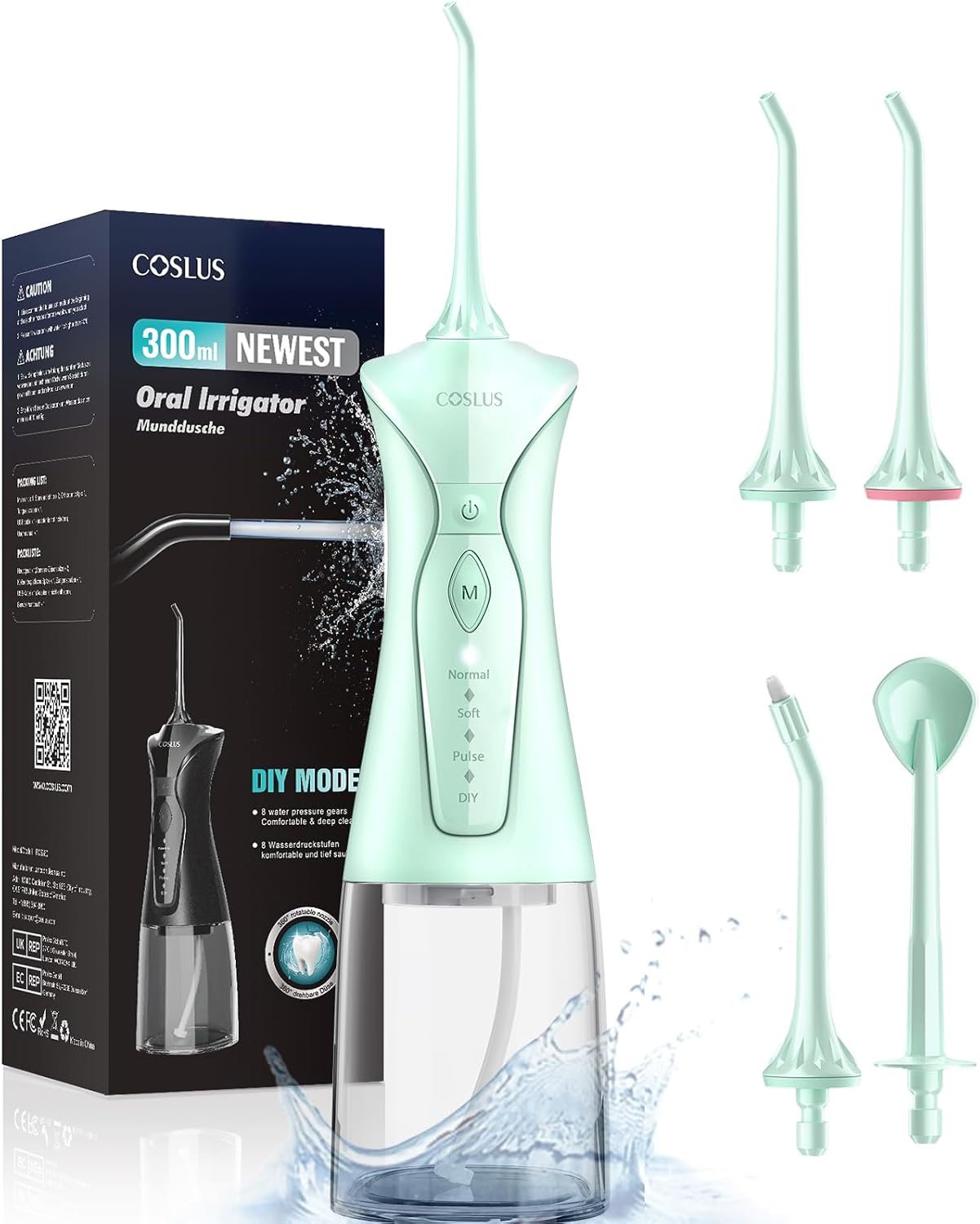 Detalle de COSLUS C30(FC5360) draagbare waterflosser, 300 ml, 4 standen, groen