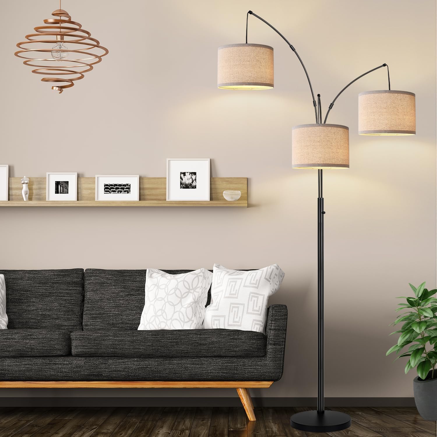 Thumbnail 6 de Nintiue Dimmable 3-Light Arc Floor Lamp with Beige Shades (E26, 1000LM, 203cm)