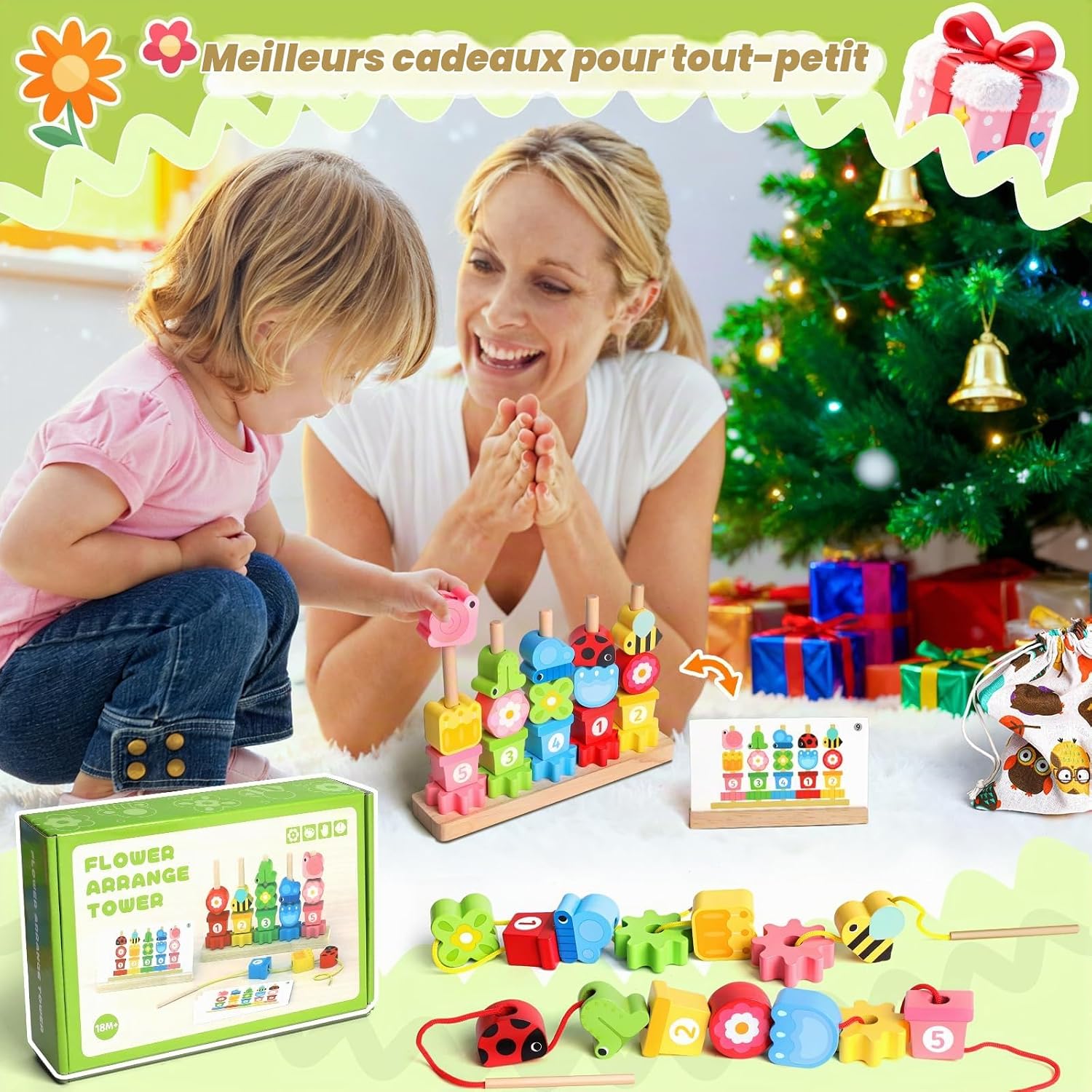 Detalle de WhizWinks KH0138 houten Montessori-kralenset met 20 kralen en patroonkaarten