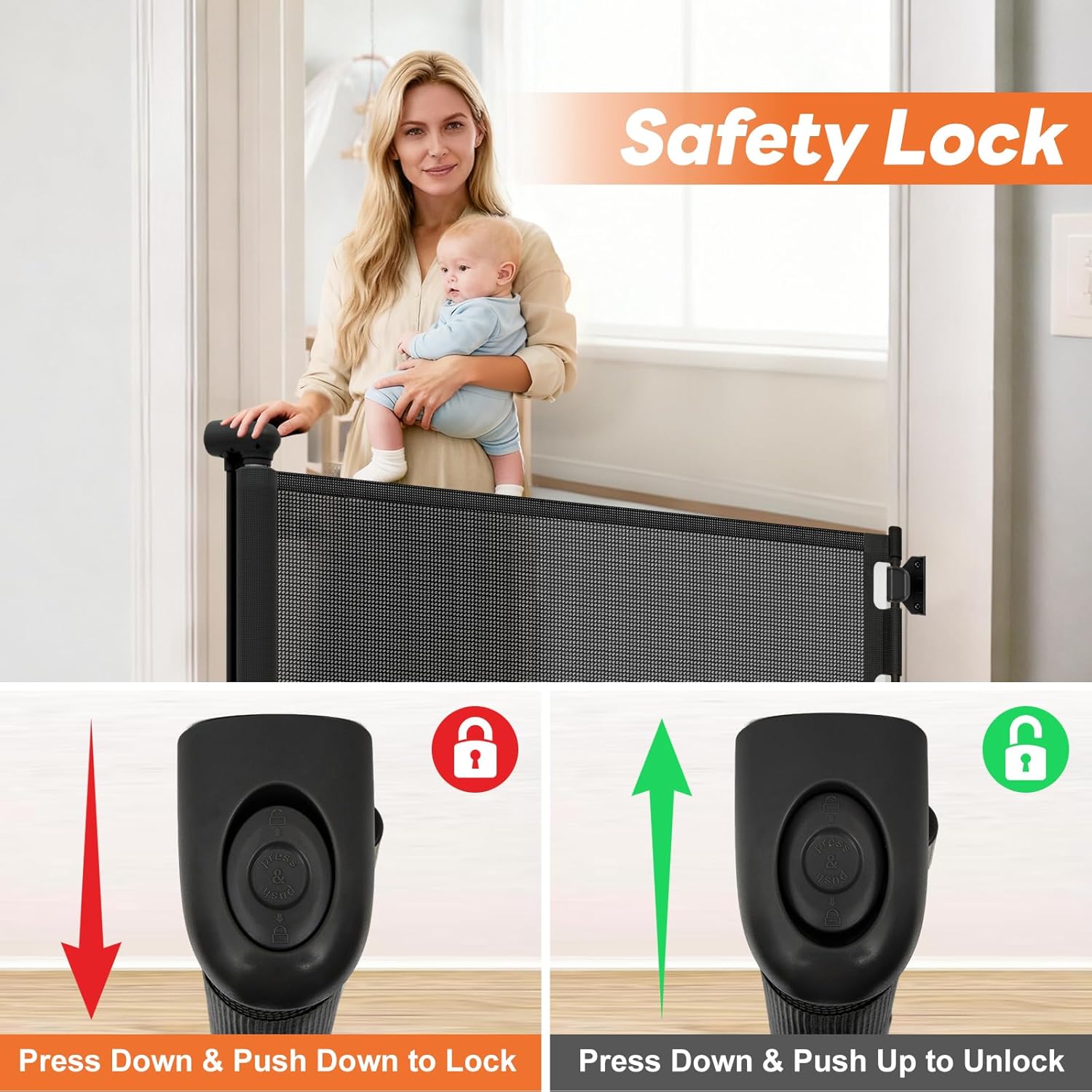 Detalle 2 de peluasua peluasua4 Retractable Baby Gate, 70-Inch Wide Mesh Barrier
