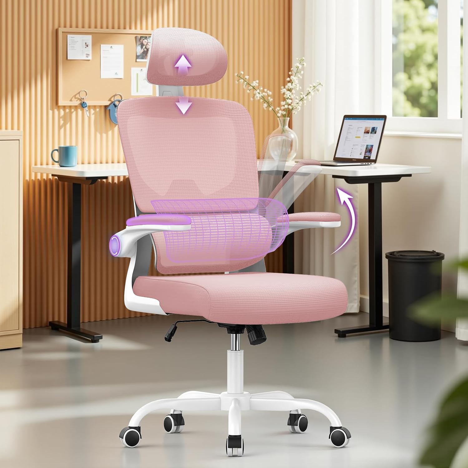 Detalle 2 de naspaluro C020106 High-Back Office Chair, Pink, Adjustable Headrest and Lumbar Support