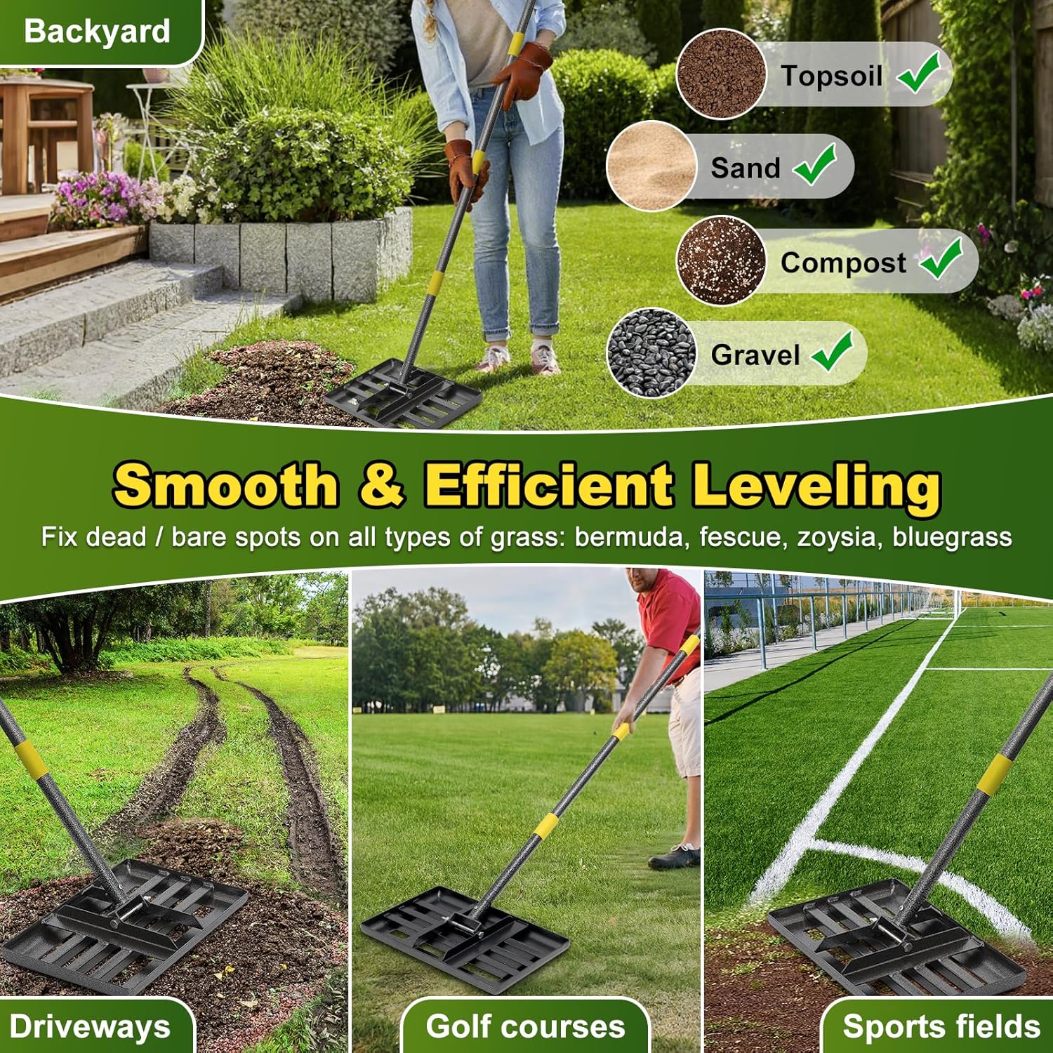 Detalle 1 de DEROFIT Caopingtui-tie Lawn Levelling Rake, 17" x 10" Stainless Steel Head