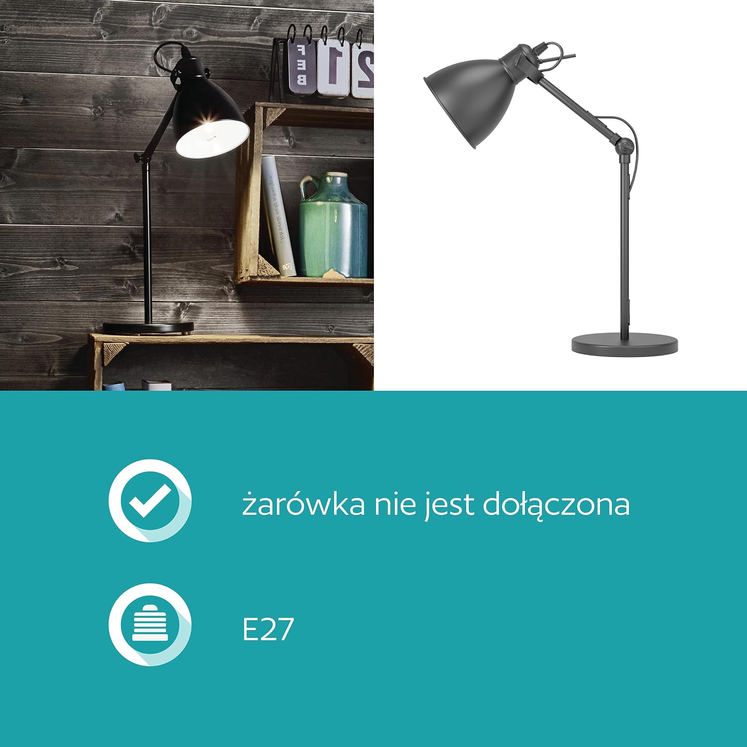Detalle de EGLO PRIDDY 49469 – czarna stalowa lampa stołowa z obrotowym kloszem E27