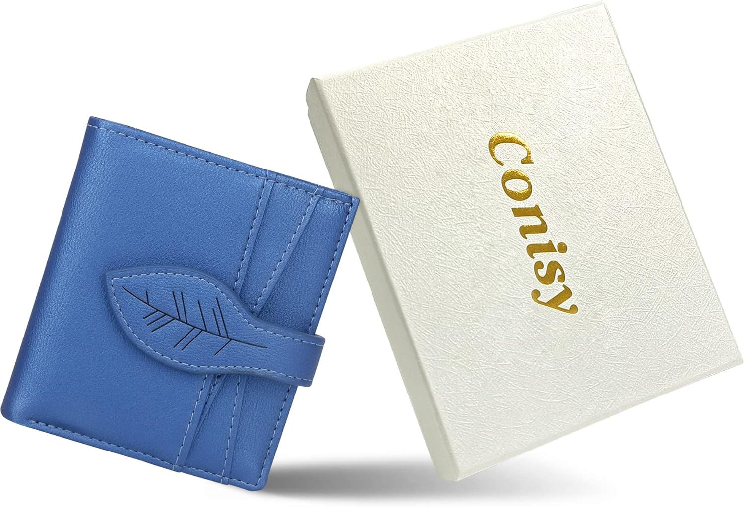Detalle 2 de conisy Small Purses for Women with RFID Blocking – Shiny Blue Leather Bifold Wallet