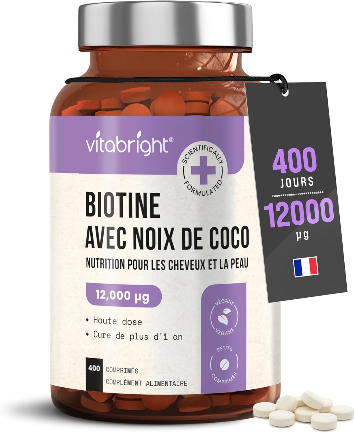 Detalle de Biotine Cheveux Pousse Rapide 12 000 mcg Extra Fort – VitaBright, cure d’un an avec extrait de noix de coco