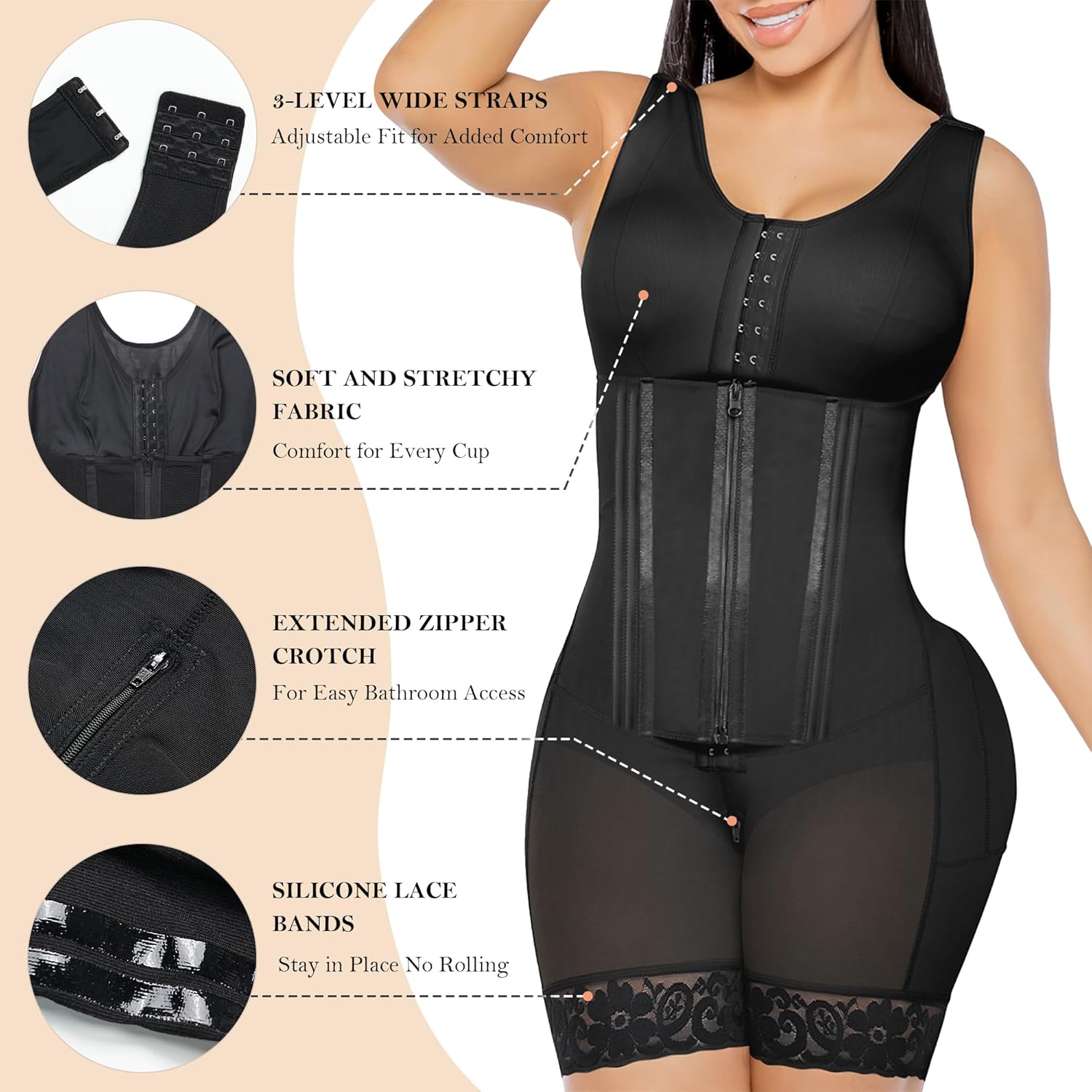 Thumbnail 3 de YIANNA Overbust Colombian Fajas Shapewear for Women — Tummy Control Body Shaper with Hooks, Zipper & Adjustable Straps