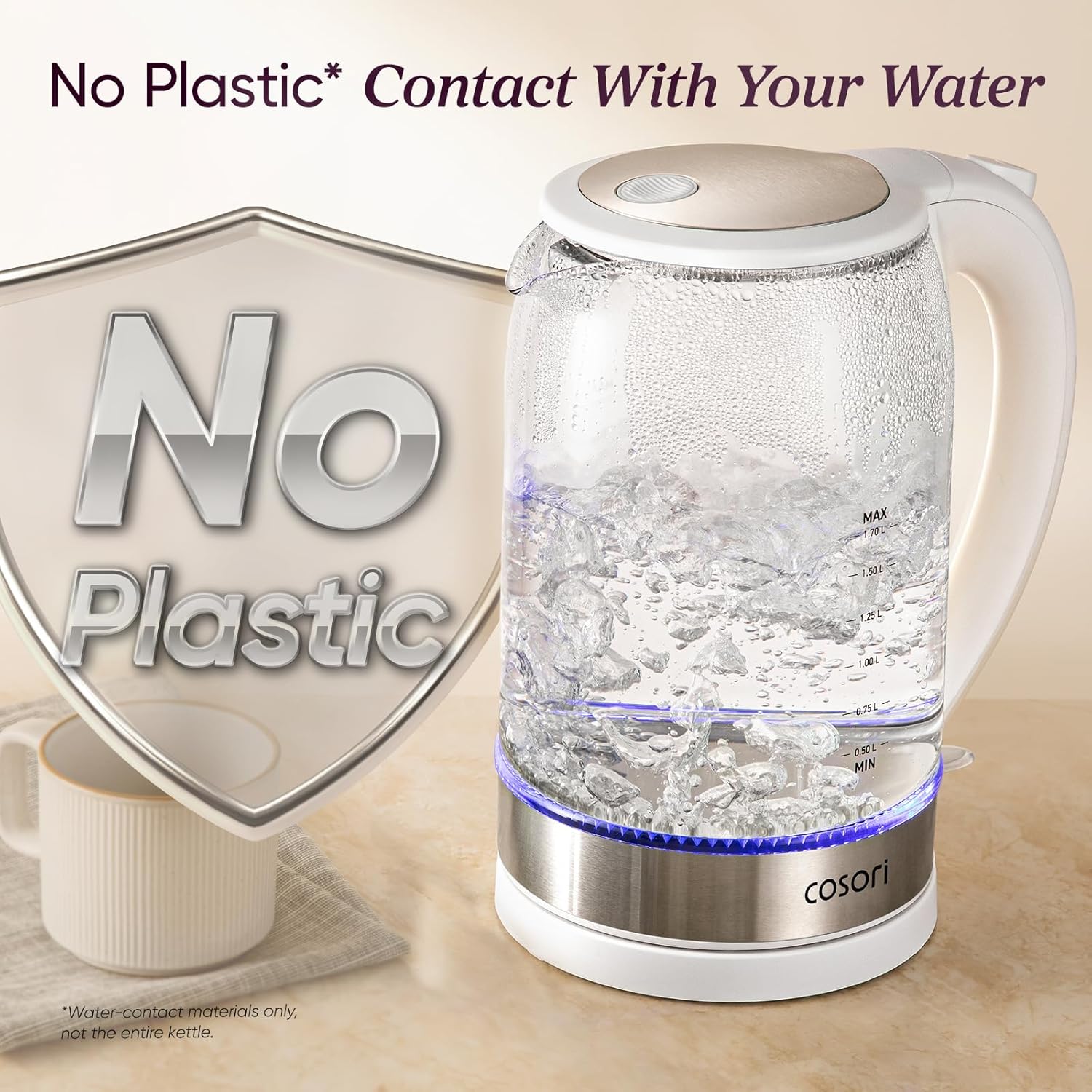 Detalle de Cosori Electric Kettle (1.7L) with Borosilicate Glass, No Plastic Contact, Auto Shut-Off, 1500W