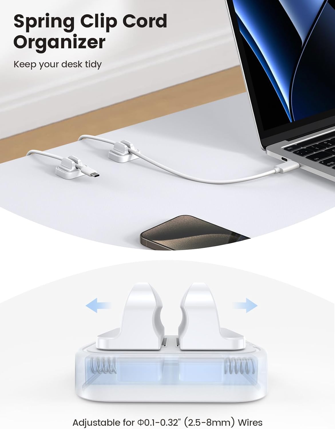 Thumbnail 1 de [5 Pack] Lamicall Spring Cable Holder Clips (White) – Adjustable self-adhesive cord tidy for desk and wall, 8mm