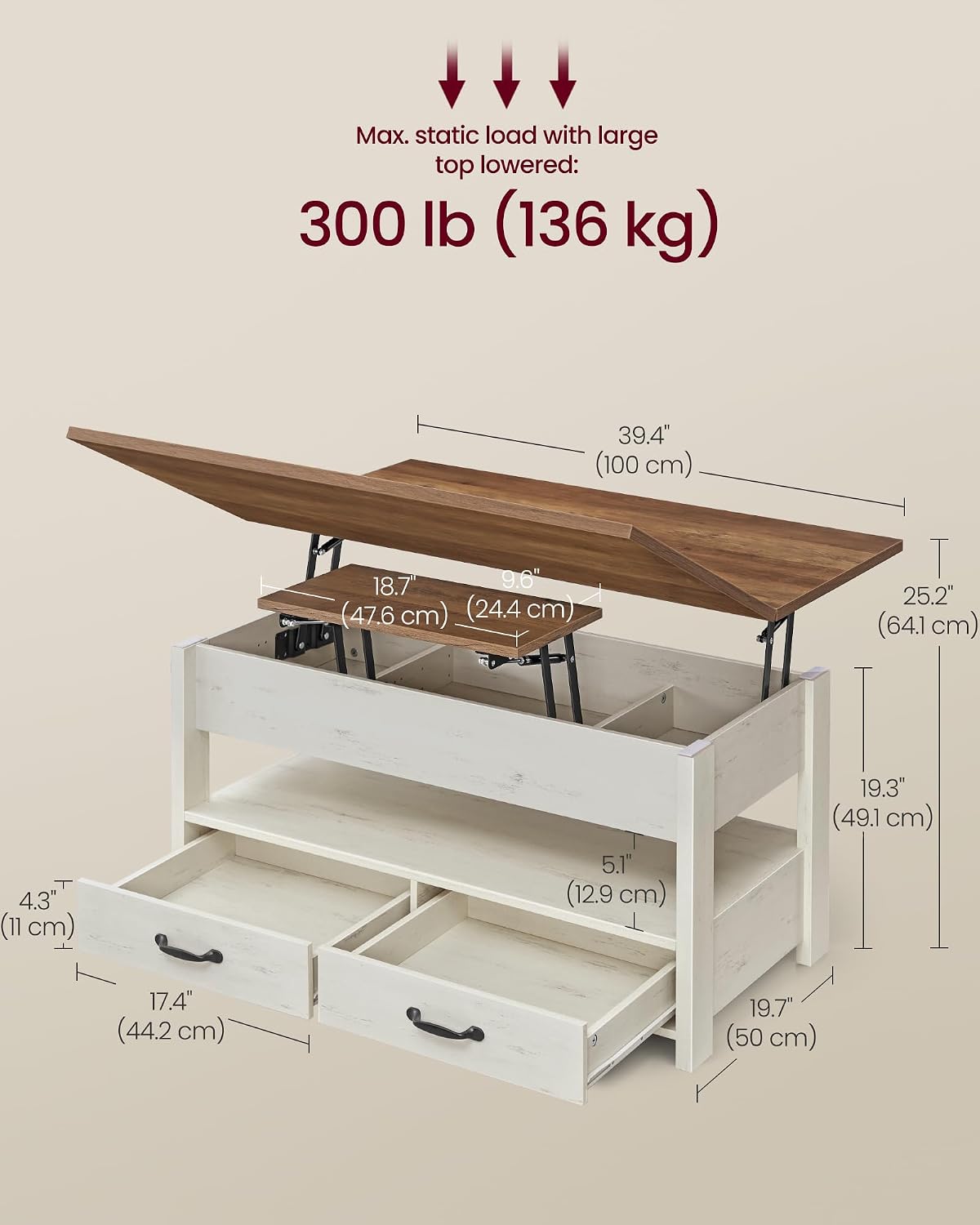 Detalle 2 de VASAGLE LCT254W01 Lift-Top Coffee Table, Height-Adjustable, with 2 Drawers