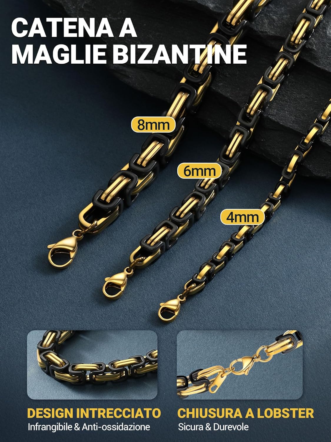 Thumbnail 2 de PROSTEEL Collana uomo Bizantina in acciaio con maglia intrecciata 4mm/6mm, finiture argento nero oro 18K e catena punk