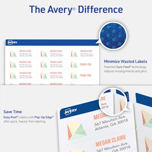 Detalle de Avery Easy Peel Address Labels, Inkjet Printers, White, 1" x 2-5/8", Box of 750 (08160)