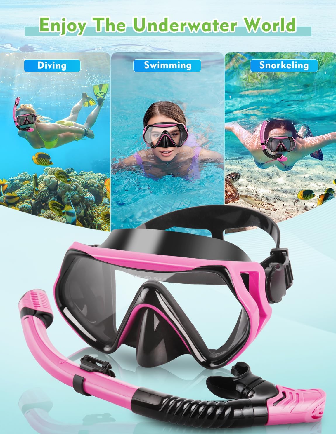 Detalle de Hydomi Snorkel Set for Adults – Comfortable Leak-Proof Mask with 180° Panorama and Dry Top Snorkel