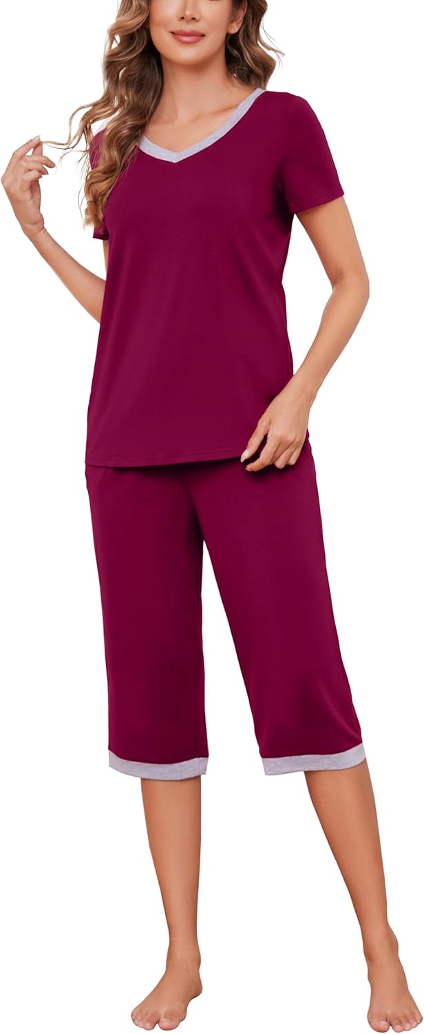 Thumbnail 1 de Actcat Damen-Schlafanzug Zweiteiler mit V-Ausschnitt, Kurzarm-Top und 3/4-Hose