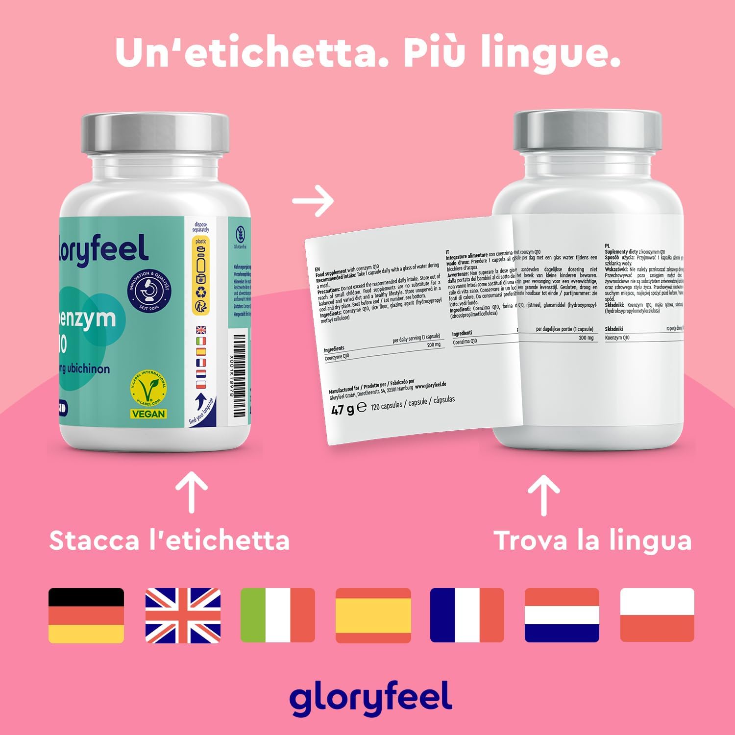 Detalle de Gloryfeel Q10 Coenzima 200 mg Puro, 120 capsule vegane (scorta per circa 4 mesi)