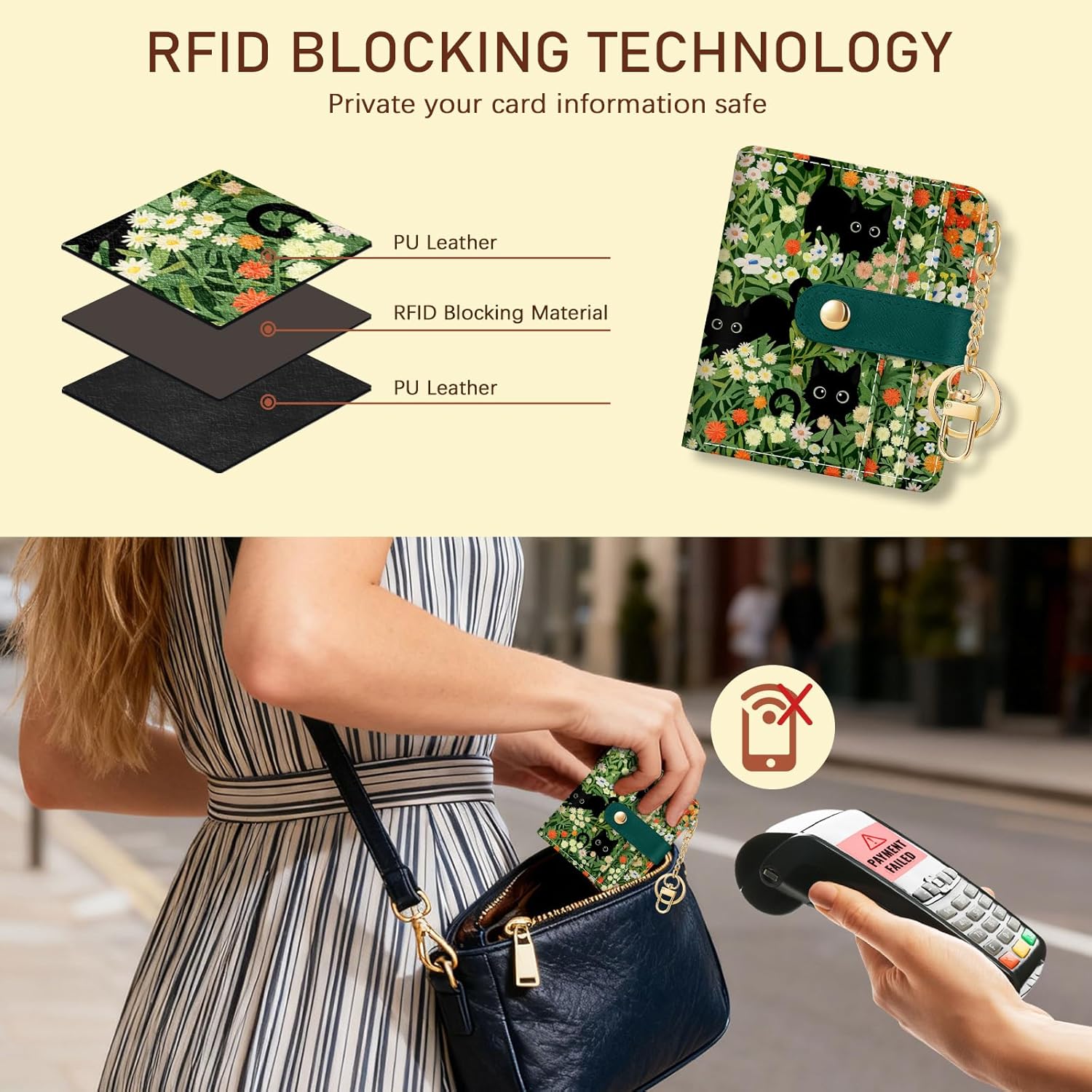 Thumbnail 2 de Jogjam Black Cat Floral RFID Women Wallet – Small Slim Bifold Credit Card Wallet with Zipper Coin Pocket