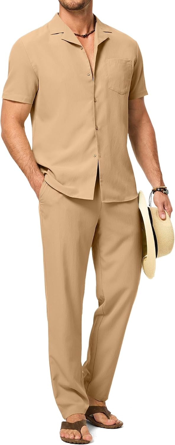 Thumbnail 6 de JMIERR Men Texture 2-Piece Outfit Short Sleeve Beach Button-Down Shirt & Pant Set