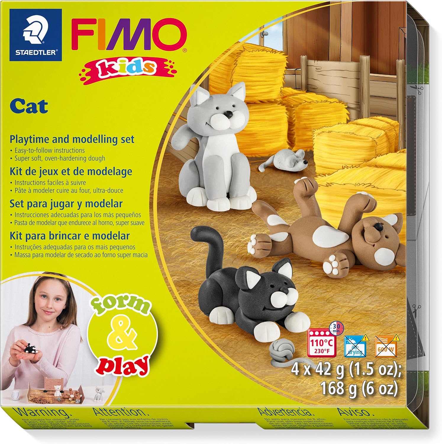 Detalle de STAEDTLER 8034 16 LZ FIMO Kids Form&Play – Jeu de pâte polymère pour enfants (lot de 4 blocs, autocollants, outils, arrière-plan)