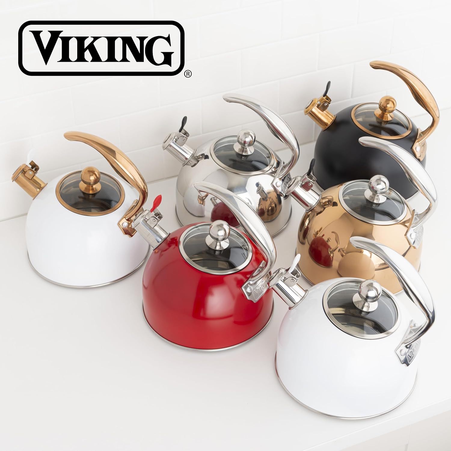 Detalle de Viking 3-Ply Stainless Steel Tea Kettle, 2.6 Quart Whistling Stovetop Pot with Tempered Glass Lid (Red)