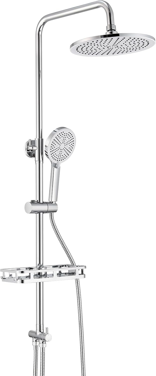 Detalle de Auralum Colonna Doccia con Mensola, Soffione Rotondo 25 cm e Doccetta, Altezza 72–110 cm, Colonna Doccia senza Miscelatore, Cromo