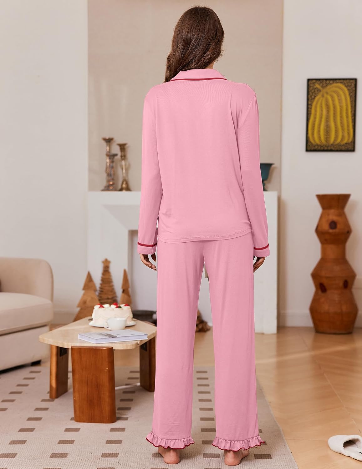 Detalle de Ekouaer Women's Pajama Set, Long-Sleeve Button-Down Top and Ruffle-Hem Pants