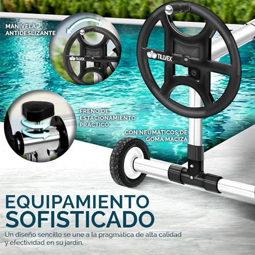 Detalle de tillvex enrollador de cubiertas para piscinas 3 a 5,70 m con neumáticos de caucho macizo y sistema móvil